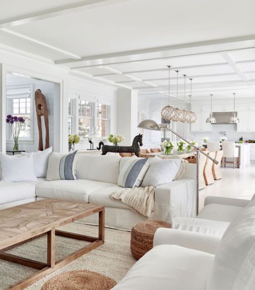 White and Blue Pillows on White Couch - Transitional - Living Room