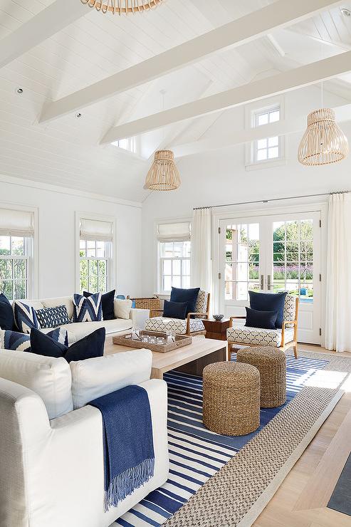 White and Blue Pillows on White Couch - Transitional - Living Room