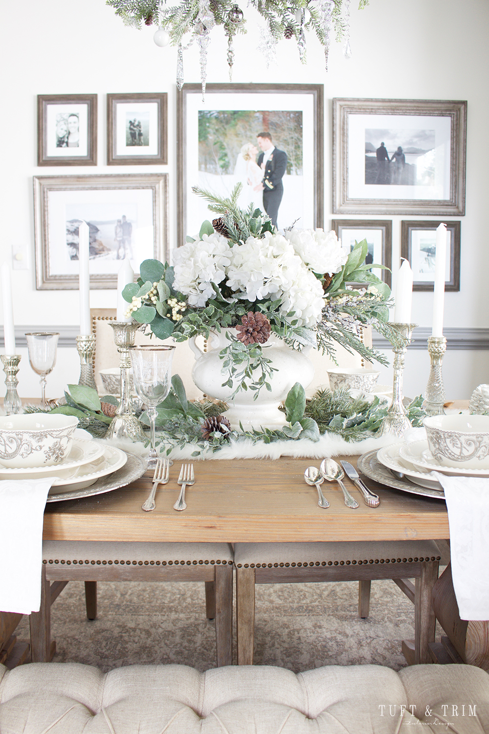 Elegant White Christmas Tablescape. Shop the look at Tuft & Trim