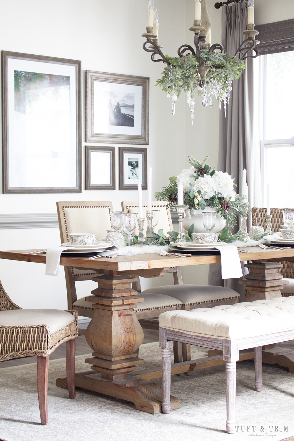 Elegant White Christmas Tablescape. Shop the look at Tuft & Trim