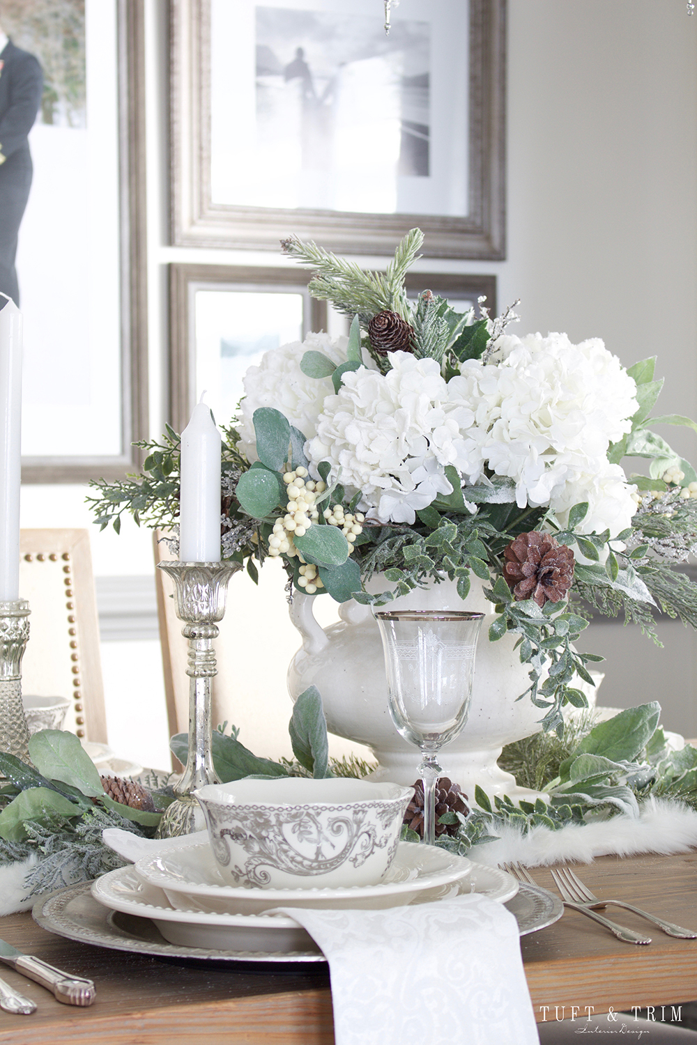 Elegant White Christmas Tablescape. Shop the look at Tuft & Trim