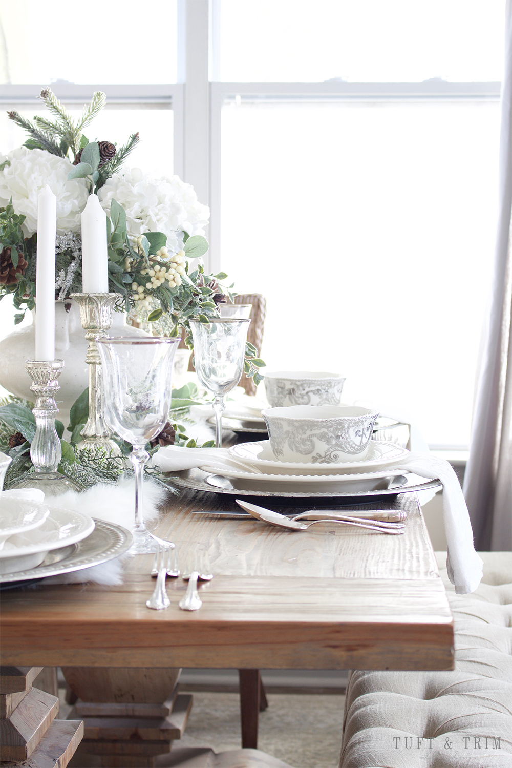 Elegant White Christmas Tablescape. Shop the look at Tuft & Trim