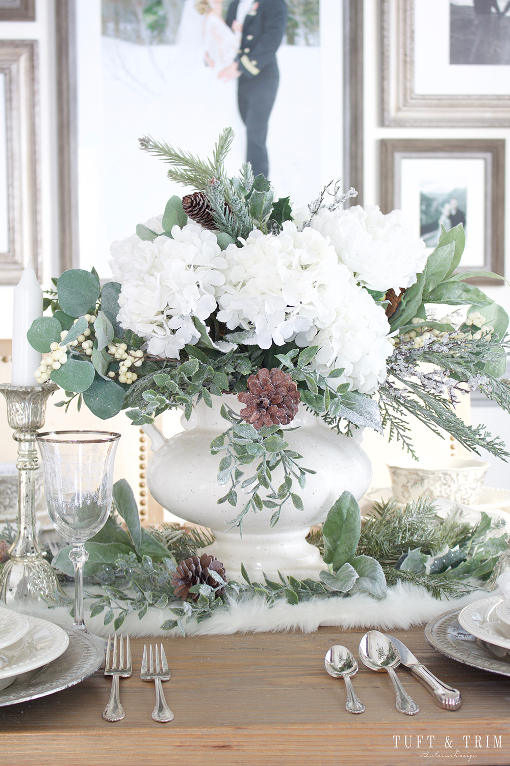 Elegant White Christmas Tablescape. Shop the look at Tuft & Trim