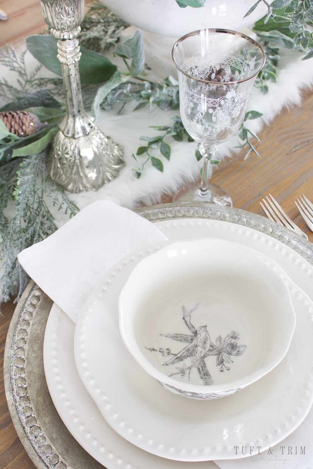 Elegant White Christmas Tablescape. Shop the look at Tuft & Trim