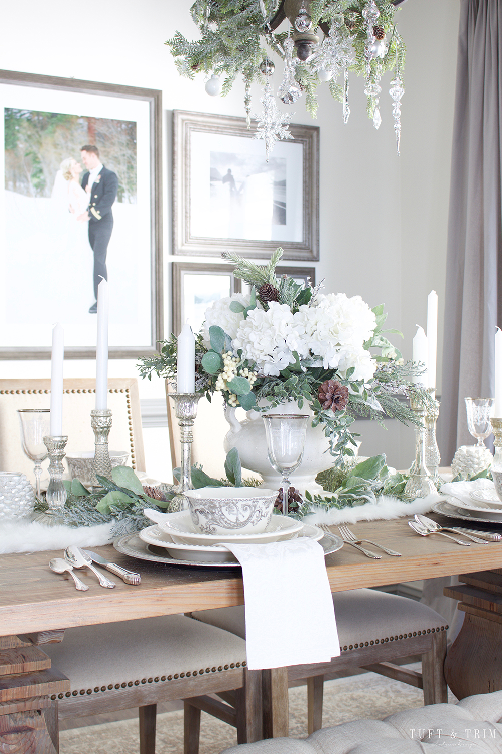 Elegant White Christmas Tablescape. Shop the look at Tuft & Trim