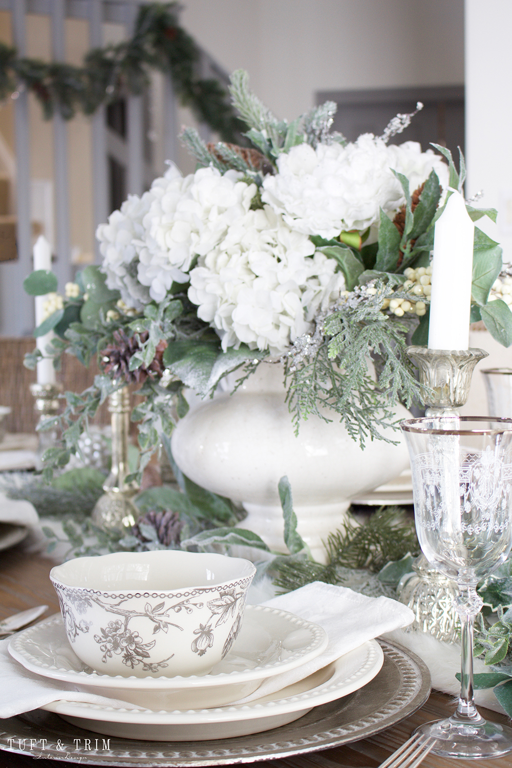 Elegant White Christmas Tablescape. Shop the look at Tuft & Trim