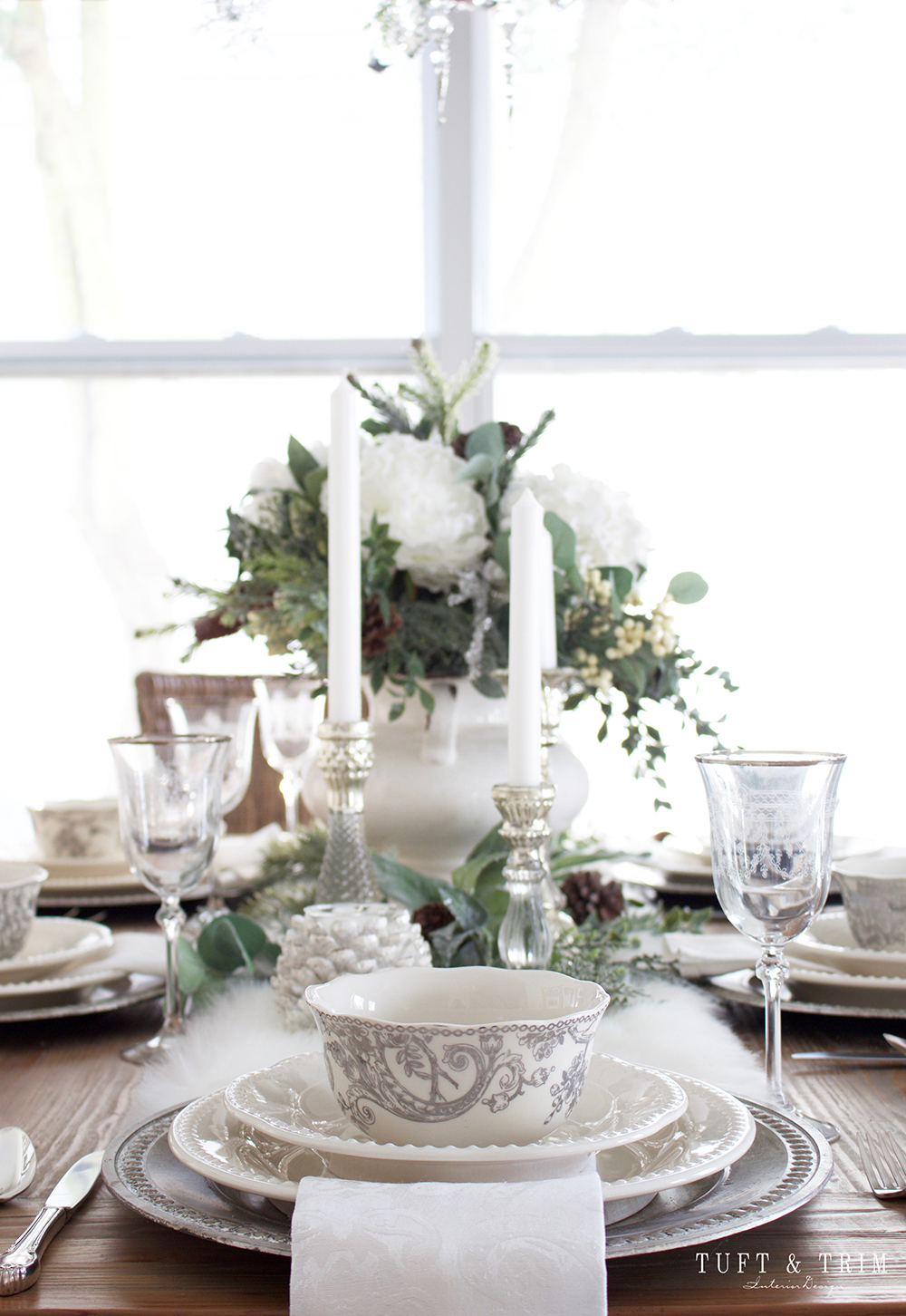 Elegant White Christmas Tablescape. Shop the look at Tuft & Trim