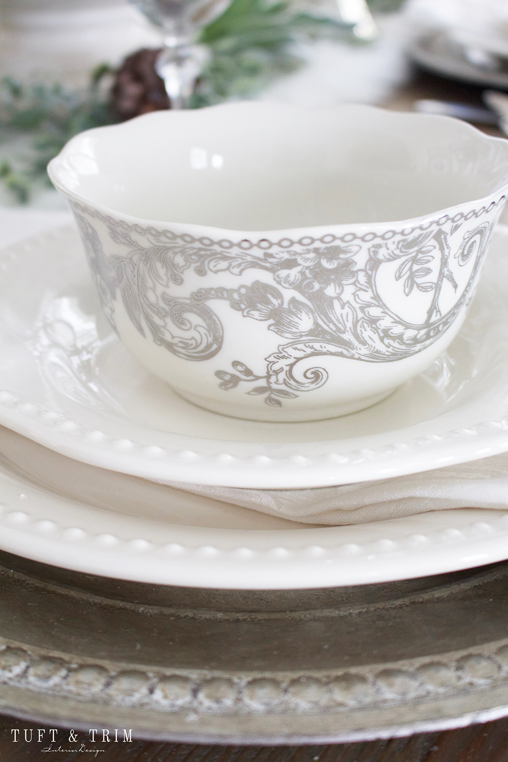 Elegant White Christmas Tablescape. Shop the look at Tuft & Trim