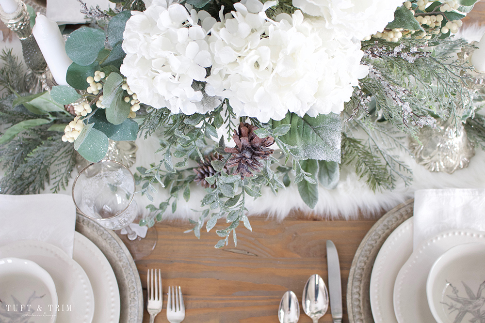 Elegant White Christmas Tablescape. Shop the look at Tuft & Trim