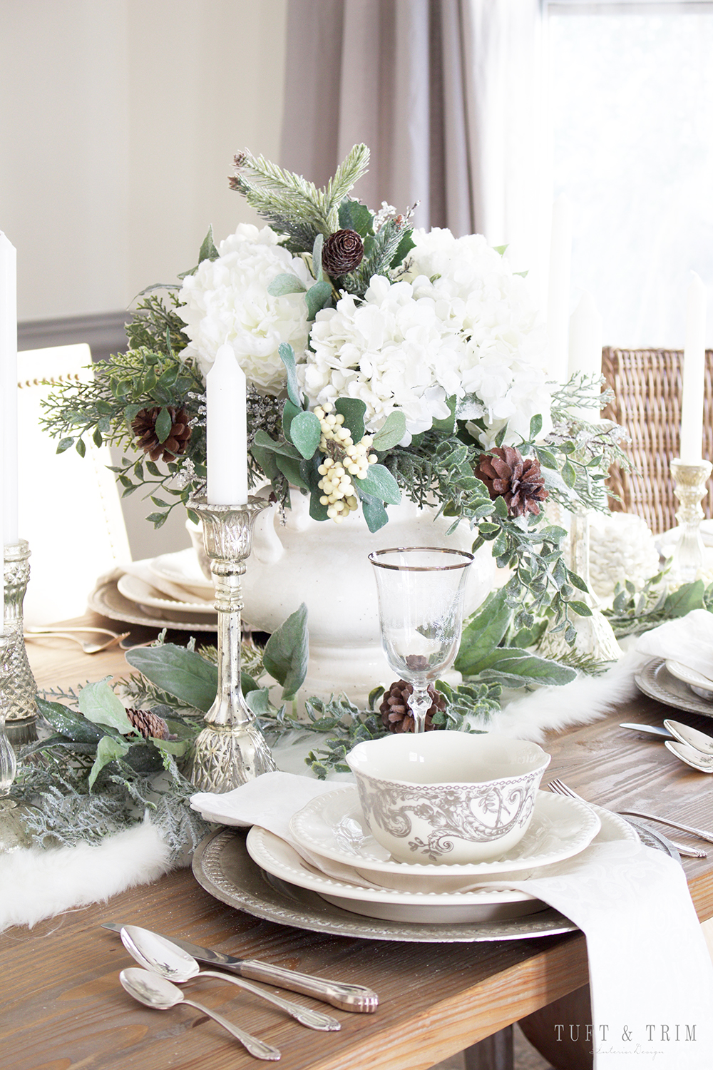 Elegant White Christmas Tablescape. Shop the look at Tuft & Trim