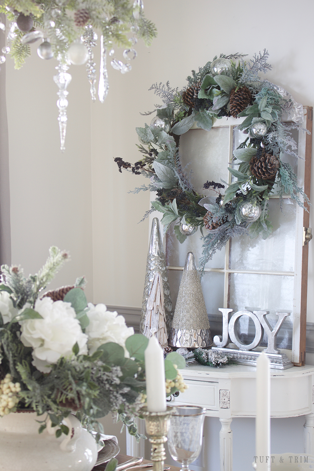 Elegant White Christmas Tablescape. Shop the look at Tuft & Trim