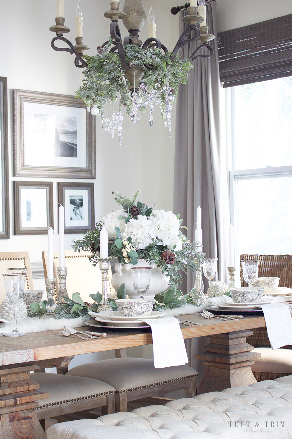 Elegant White Christmas Tablescape. Shop the look at Tuft & Trim