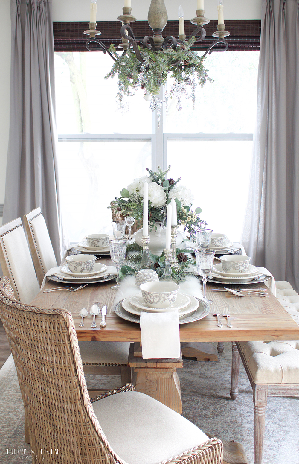 Elegant White Christmas Tablescape. Shop the look at Tuft & Trim