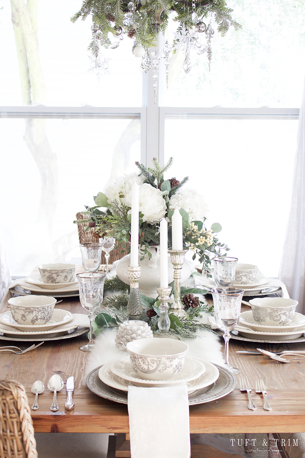 Elegant White Christmas Tablescape. Shop the look at Tuft & Trim