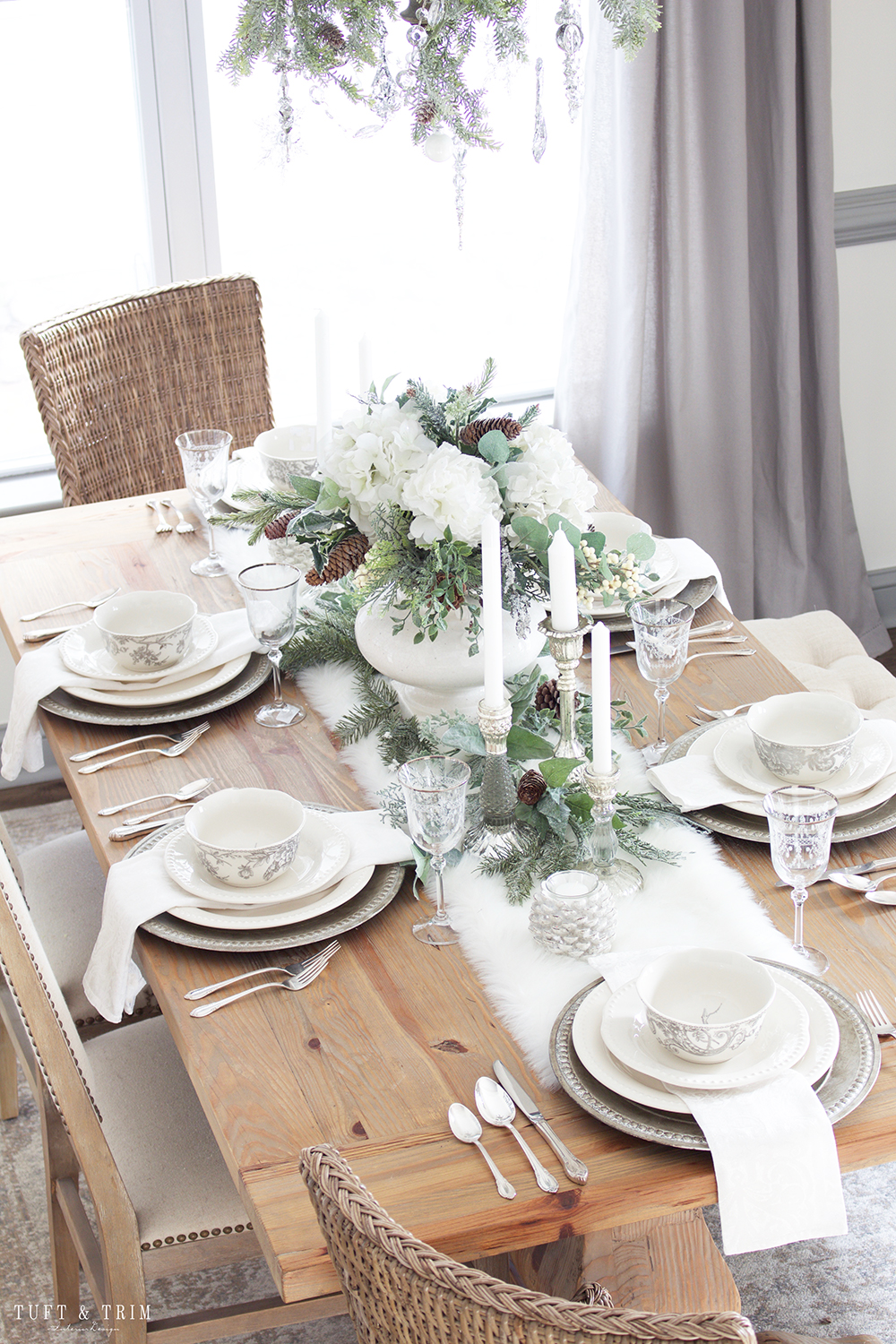 Elegant White Christmas Tablescape. Shop the look at Tuft & Trim