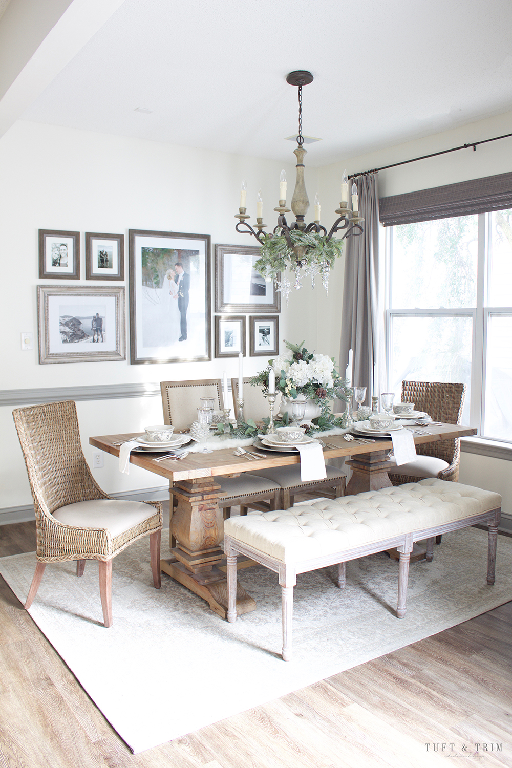 Elegant White Christmas Tablescape. Shop the look at Tuft & Trim