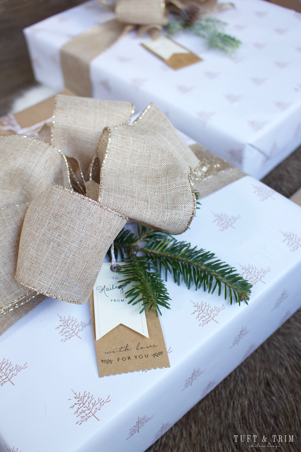 Champagne and Linen Christmas Gift Wrap. Get wrapping ideas at tuftandtrim.com!