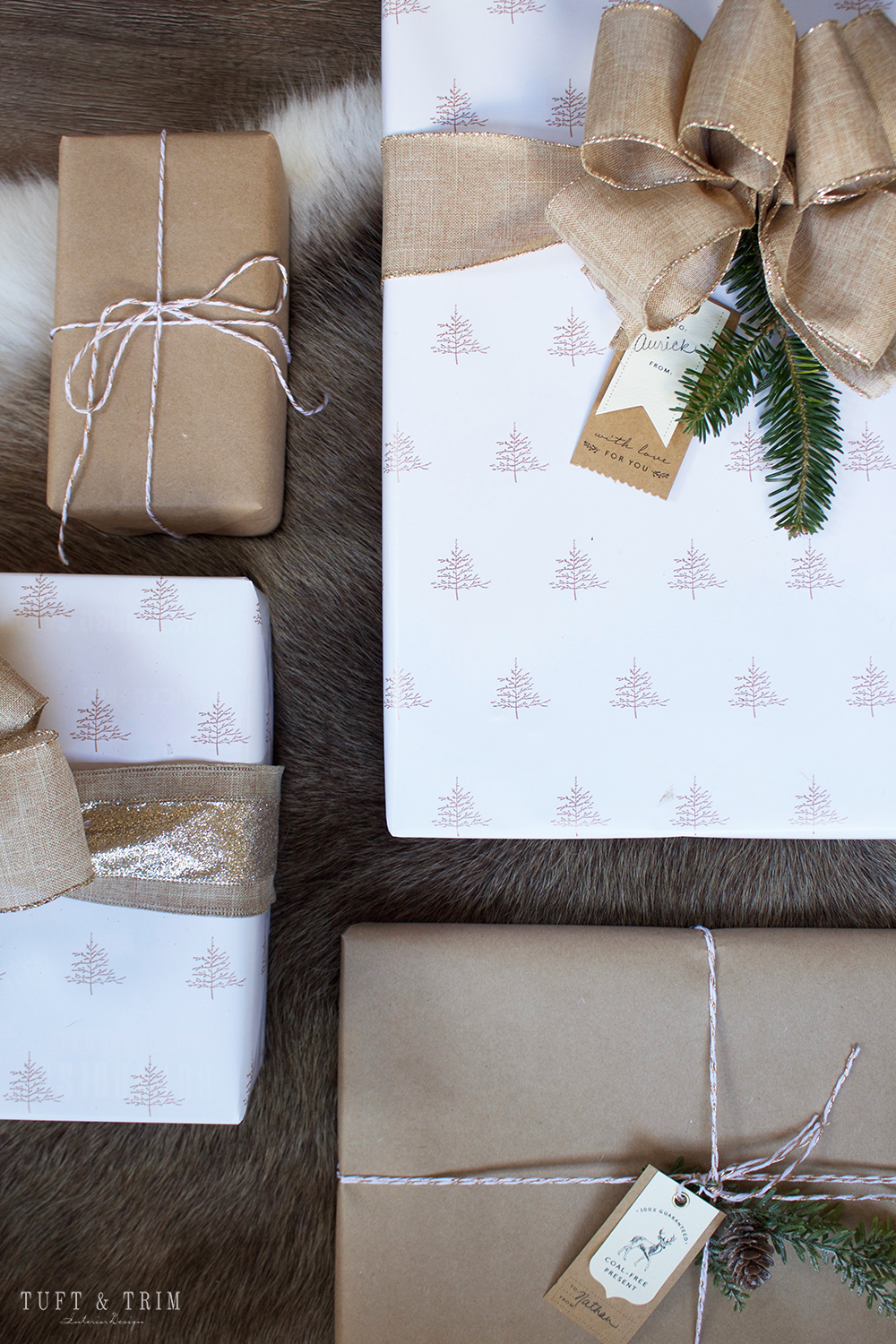 Champagne and Linen Christmas Gift Wrap. Get wrapping ideas at tuftandtrim.com!