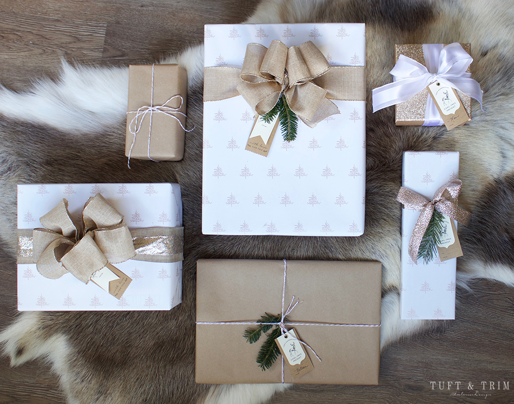 Champagne and Linen Christmas Gift Wrap. Get wrapping ideas at tuftandtrim.com!