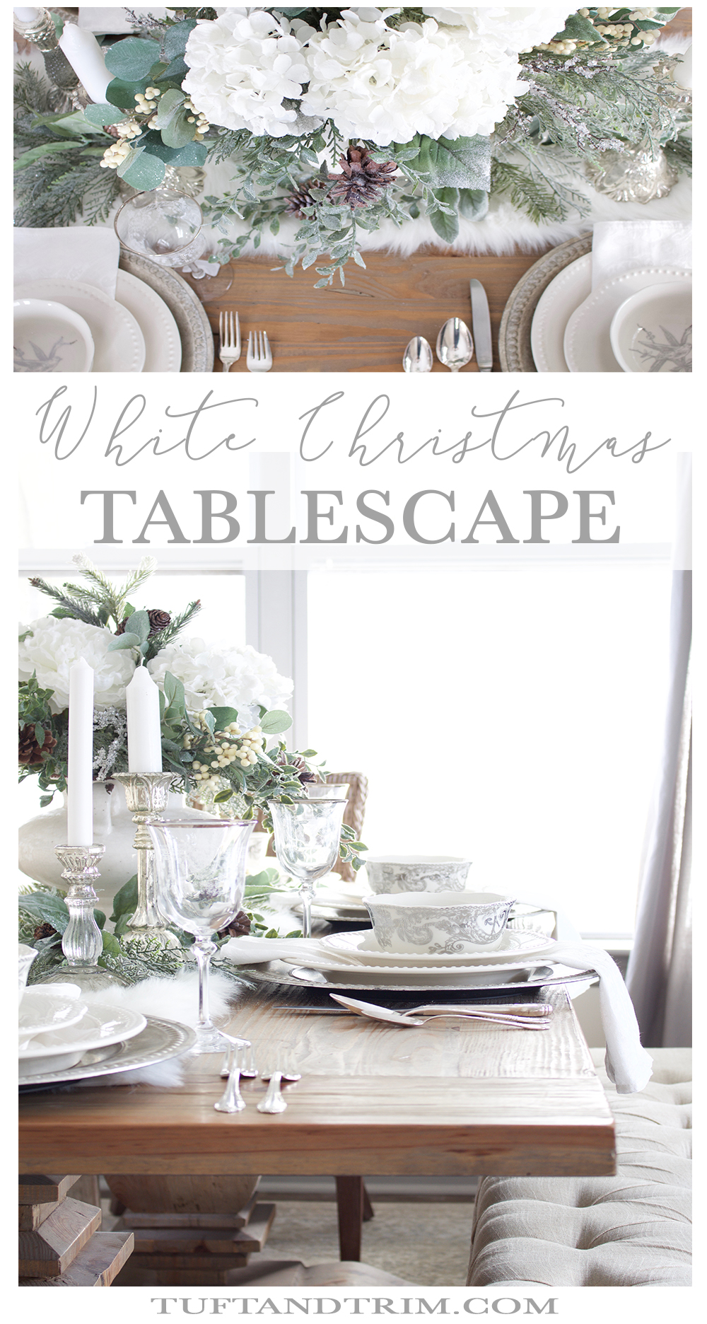 Elegant White Christmas Tablescape. Shop the look at Tuft & Trim!