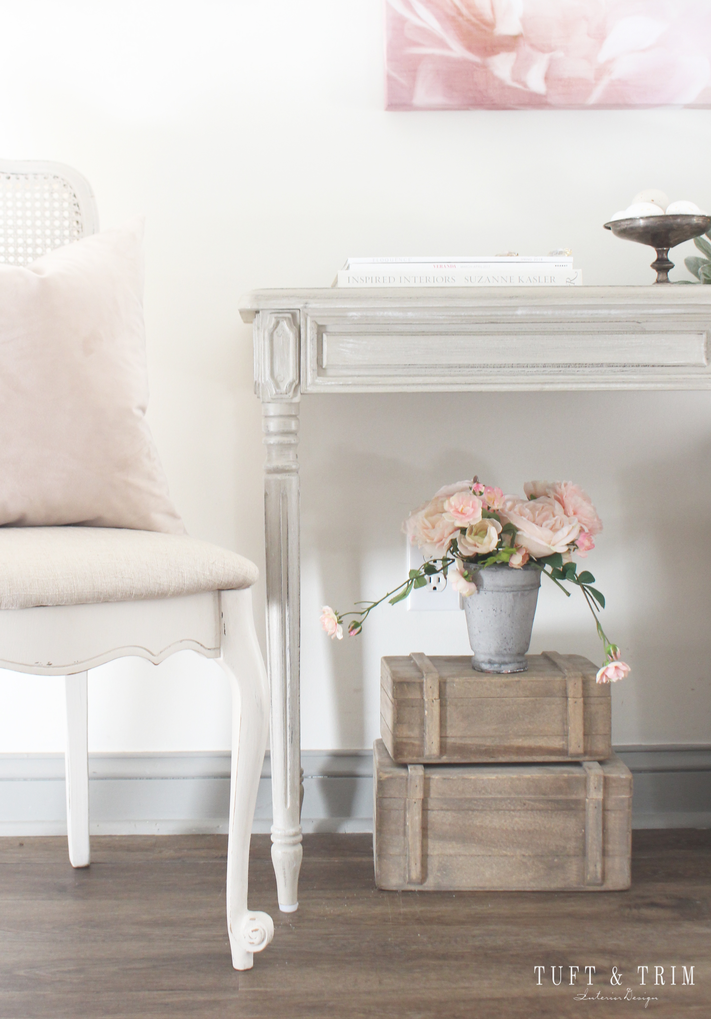 Blush pink spring decor Inspiration and where to get the look at tuftandtrim.com.