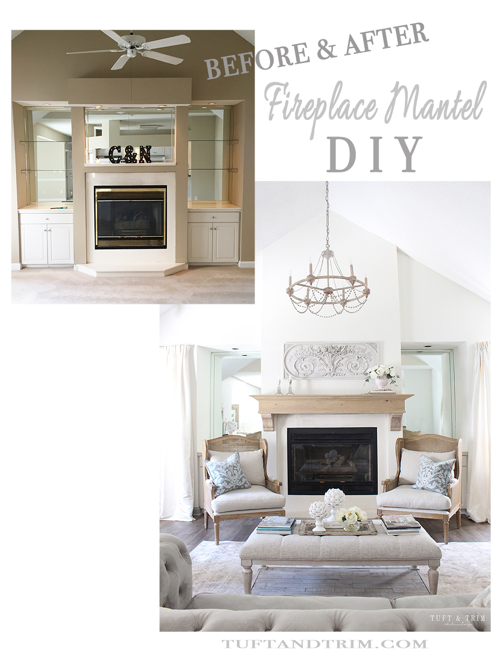 Before and After: Fireplace Mantel DIY. Step by Step Transformation at tuftandtrim.com