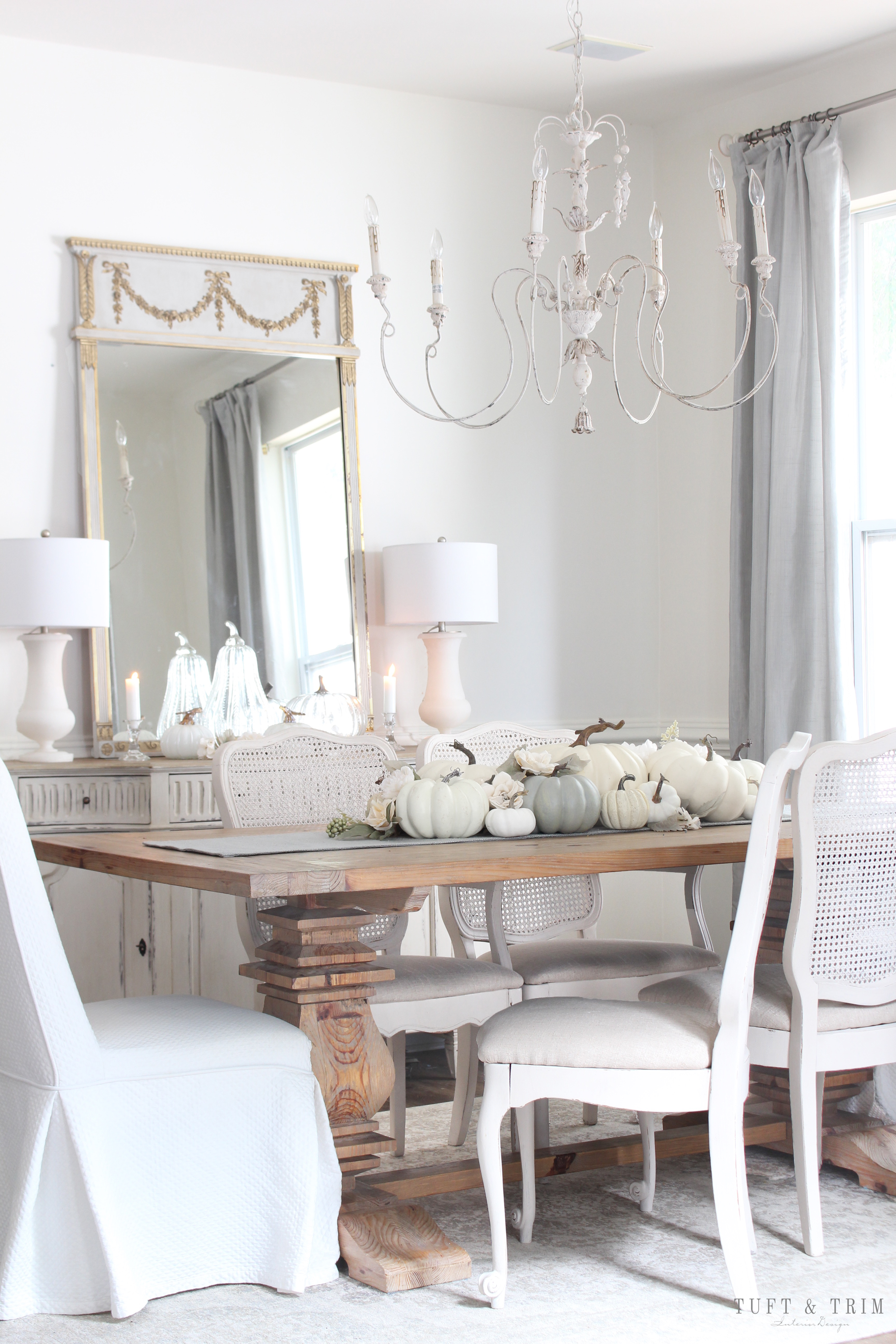Neutral Pumpkins And Floral Fall Centerpiece with Tuft & Trim Interior Design
