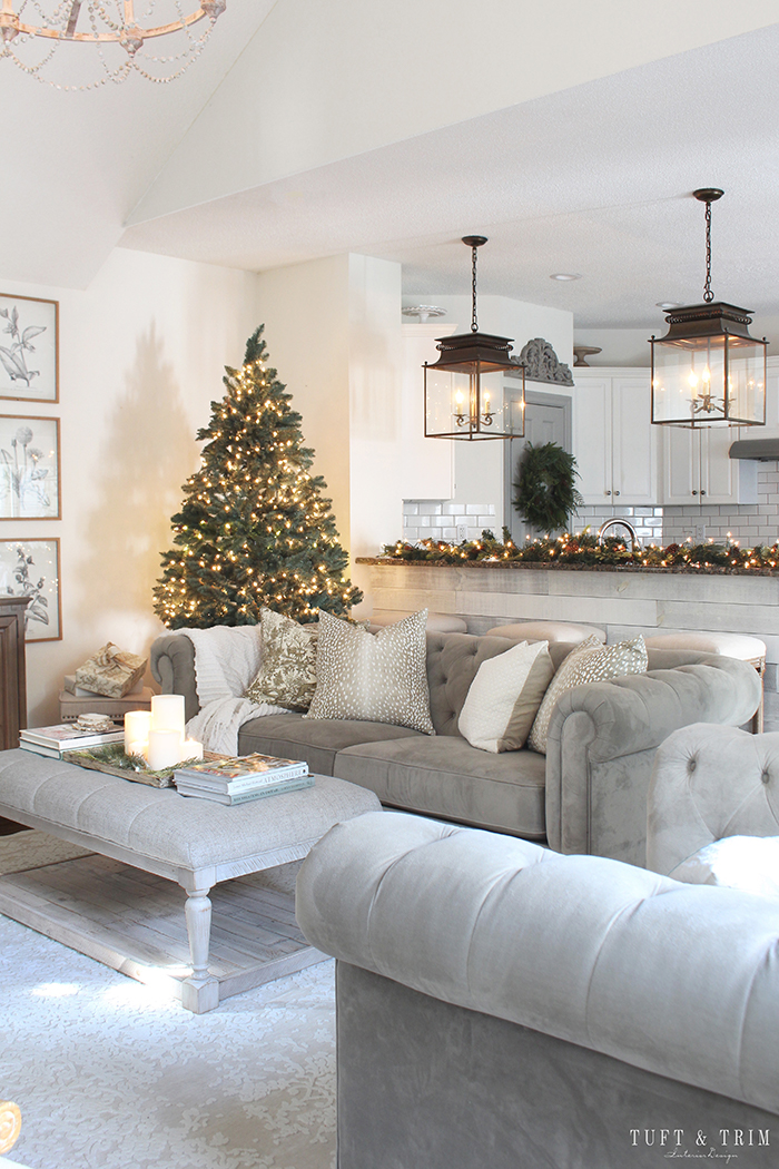 Gold and White Classic Christmas Living Room with Tuft & Trim Interior Design