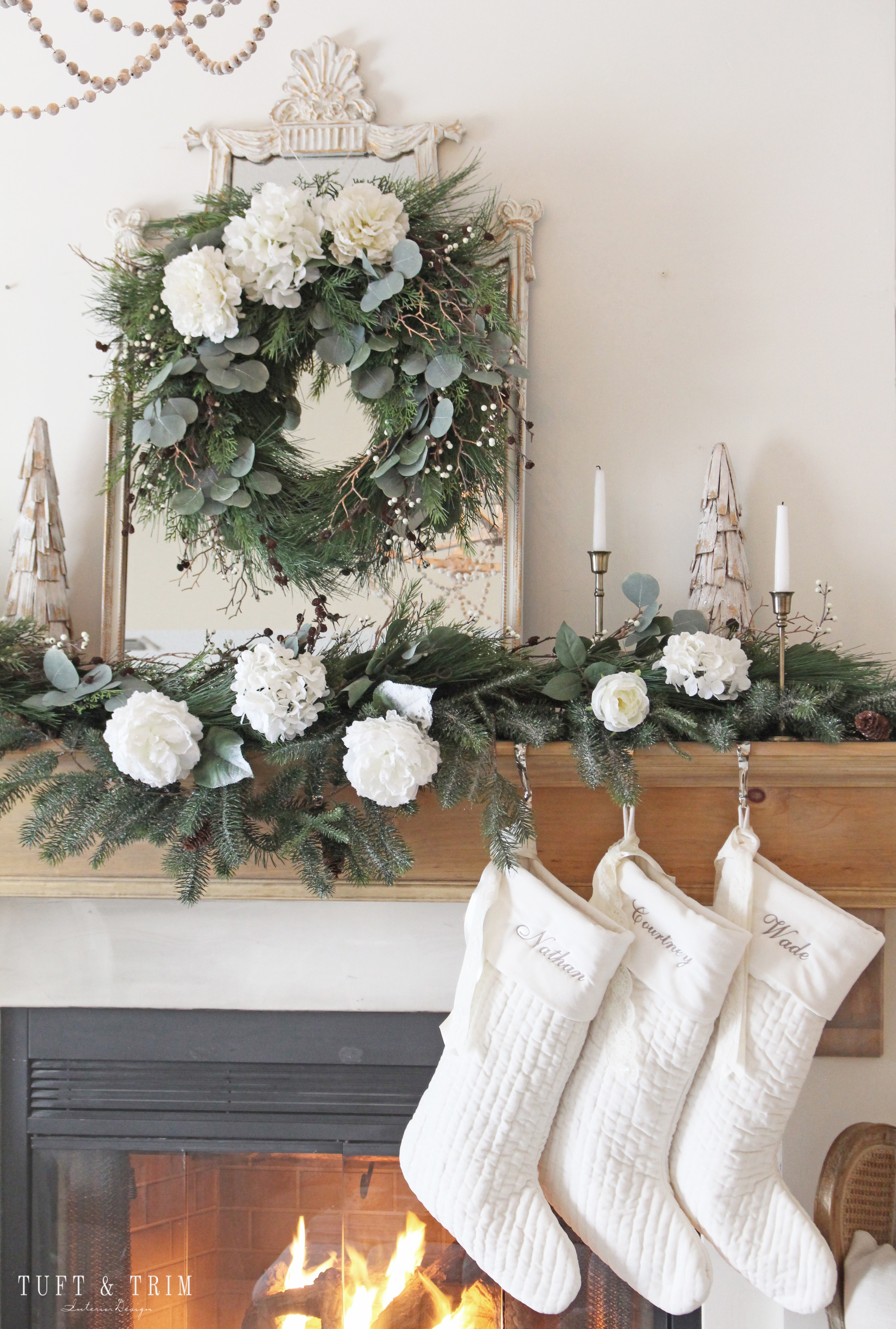 Christmas Mantel with Flowers & Mixed Greenery with Tuft and Trim Interior Design