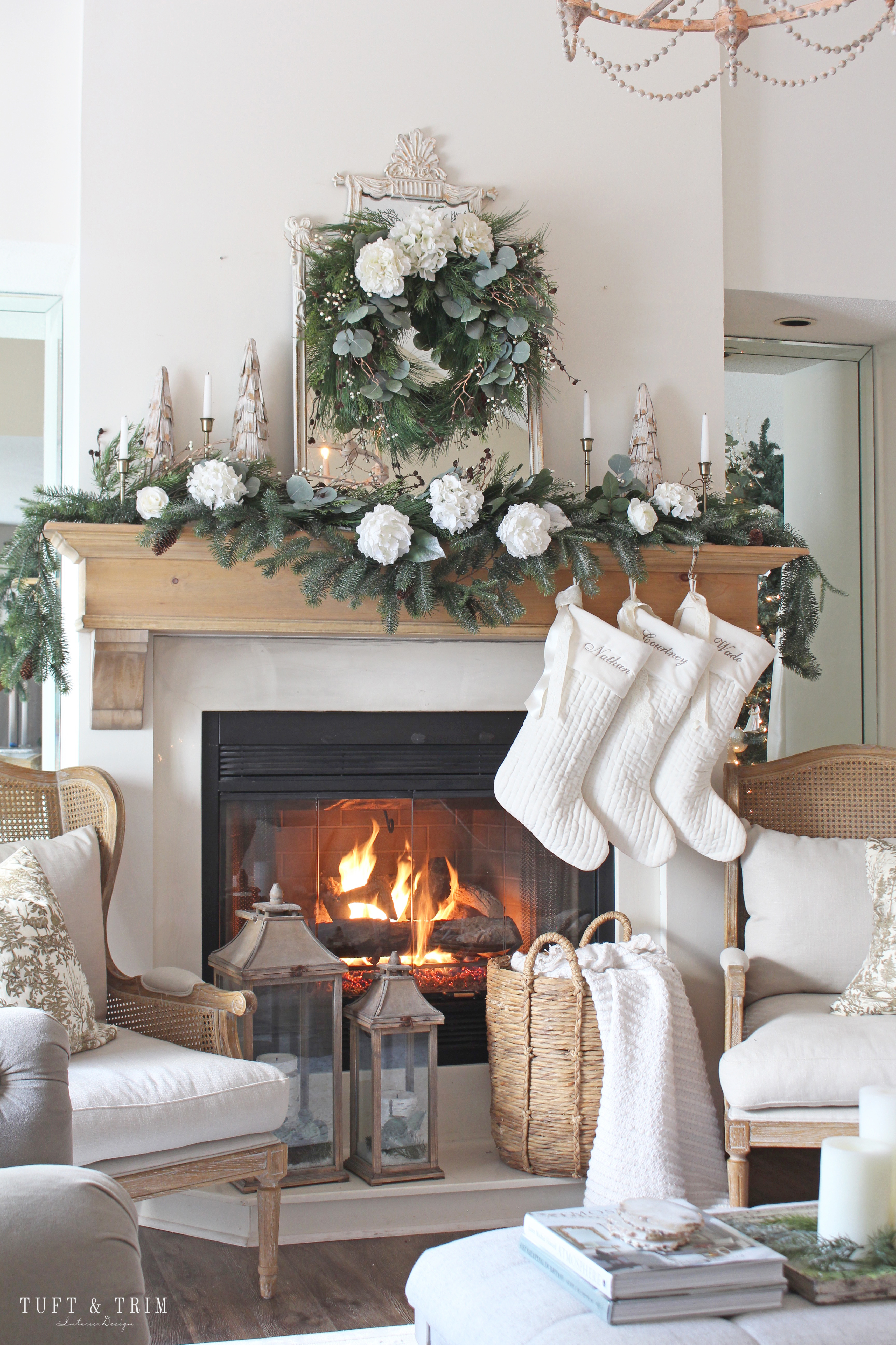 Christmas Mantel with Flowers & Mixed Greenery with Tuft and Trim Interior Design