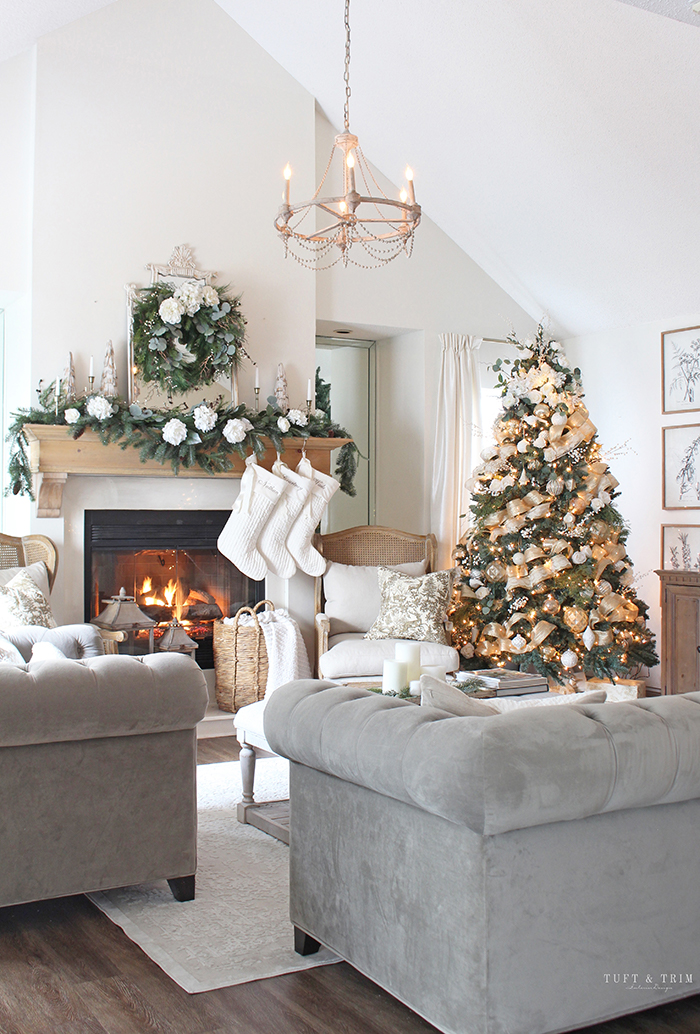 Gold and White Classic Christmas Living Room with Tuft & Trim Interior Design