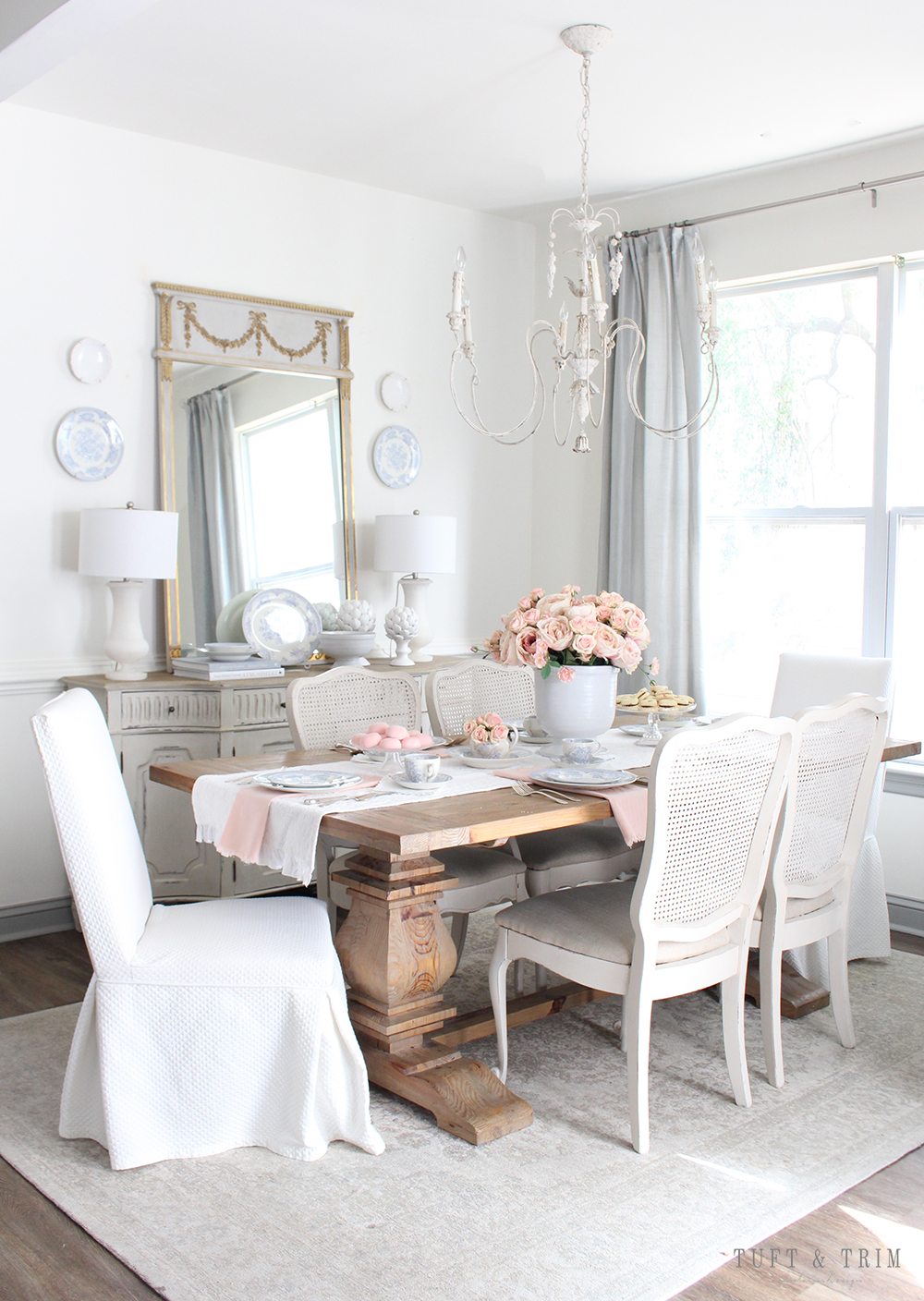 Blue and White Valentine's Day Table with Pink Floral- Tuft & Trim Interior Design