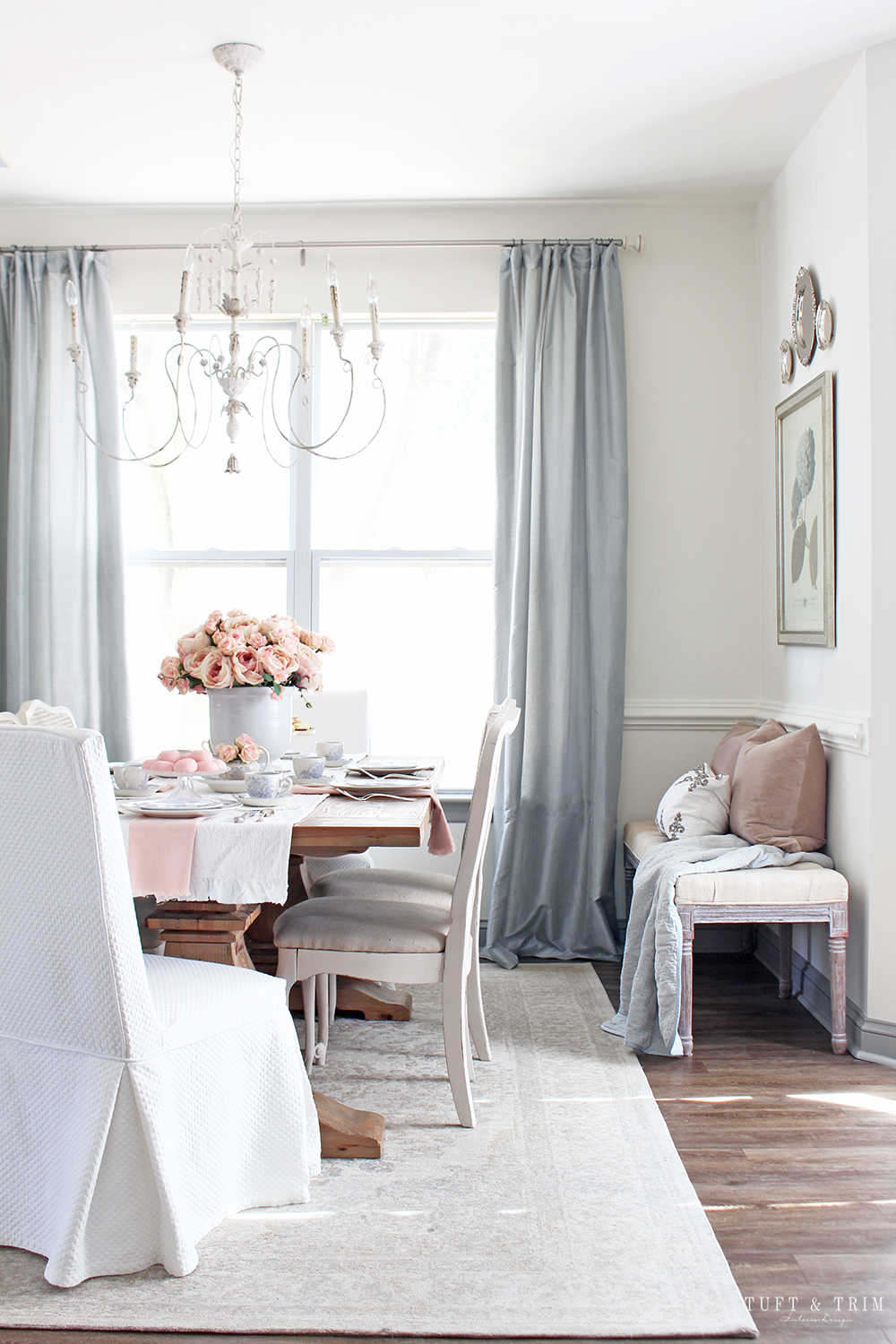 Blue and White Valentine's Day Table with Pink Floral- Tuft & Trim Interior Design