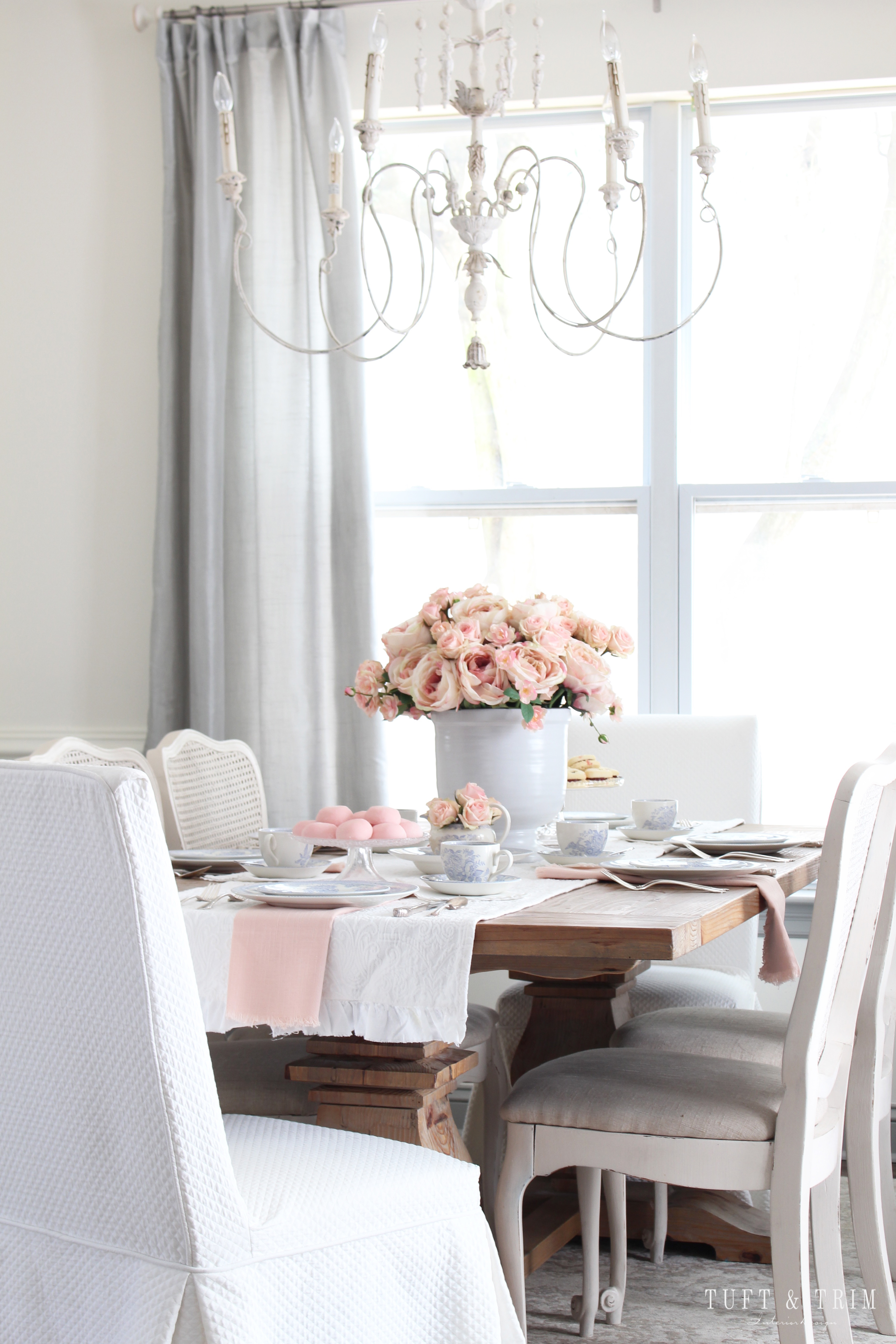 Blue and White Valentine's Day Table with Pink Floral- Tuft & Trim Interior Design