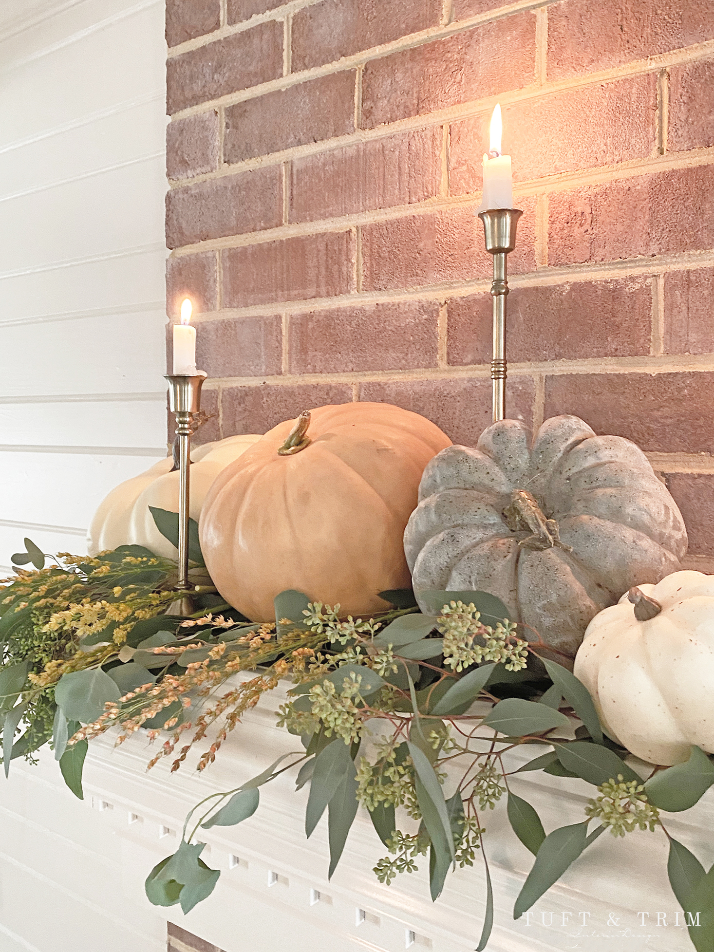 Elegant Autumn Mantel with Pumpkins & Greenery by Tuft & Trim Interior Design