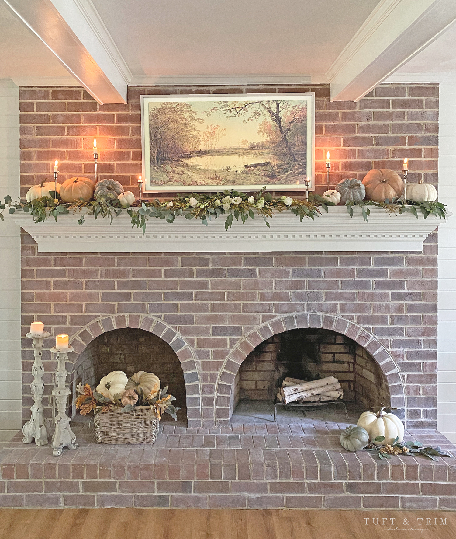 Elegant Autumn Mantel with Pumpkins & Greenery by Tuft & Trim Interior Design