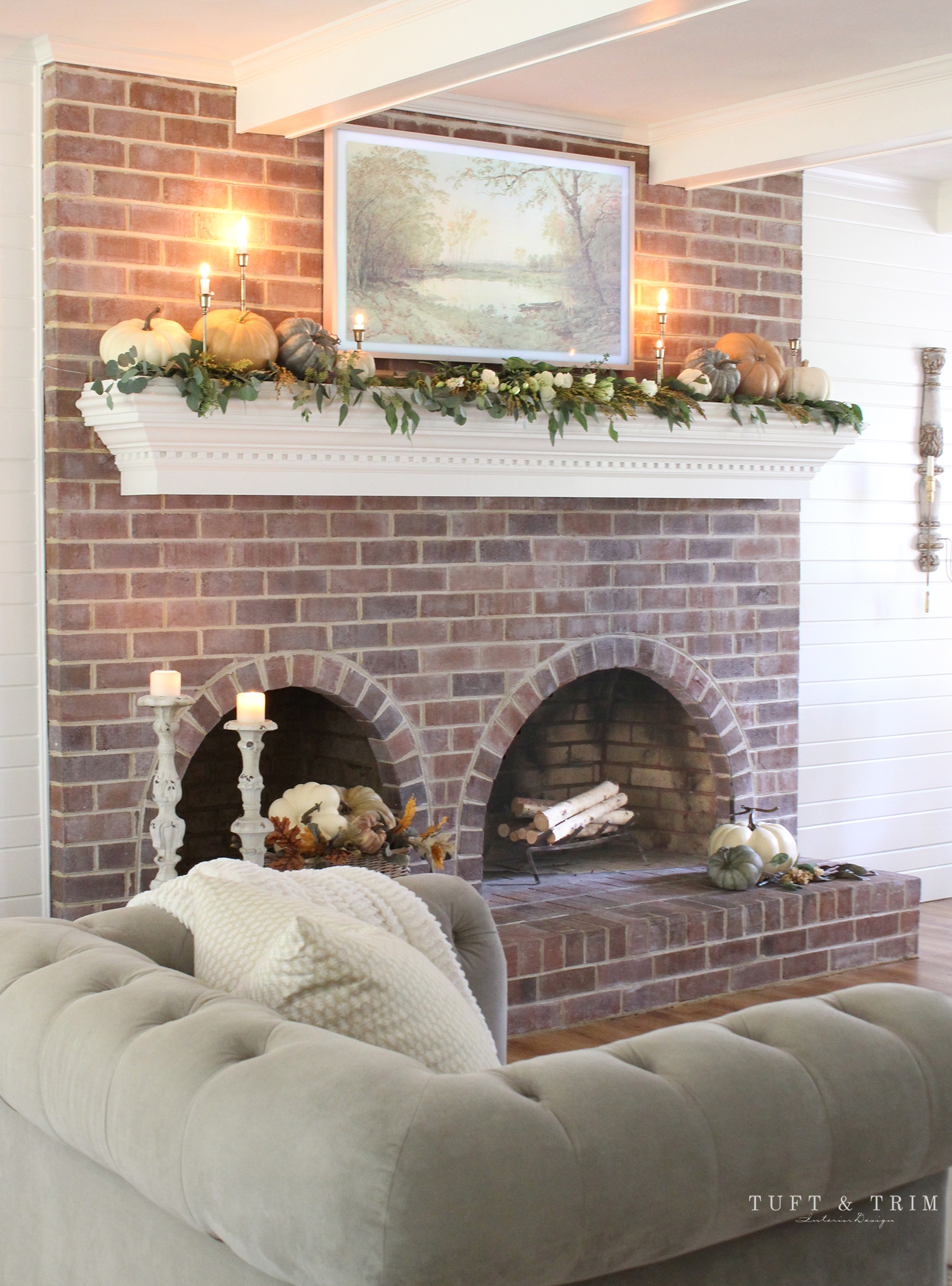 Elegant Autumn Mantel with Pumpkins & Greenery by Tuft & Trim Interior Design