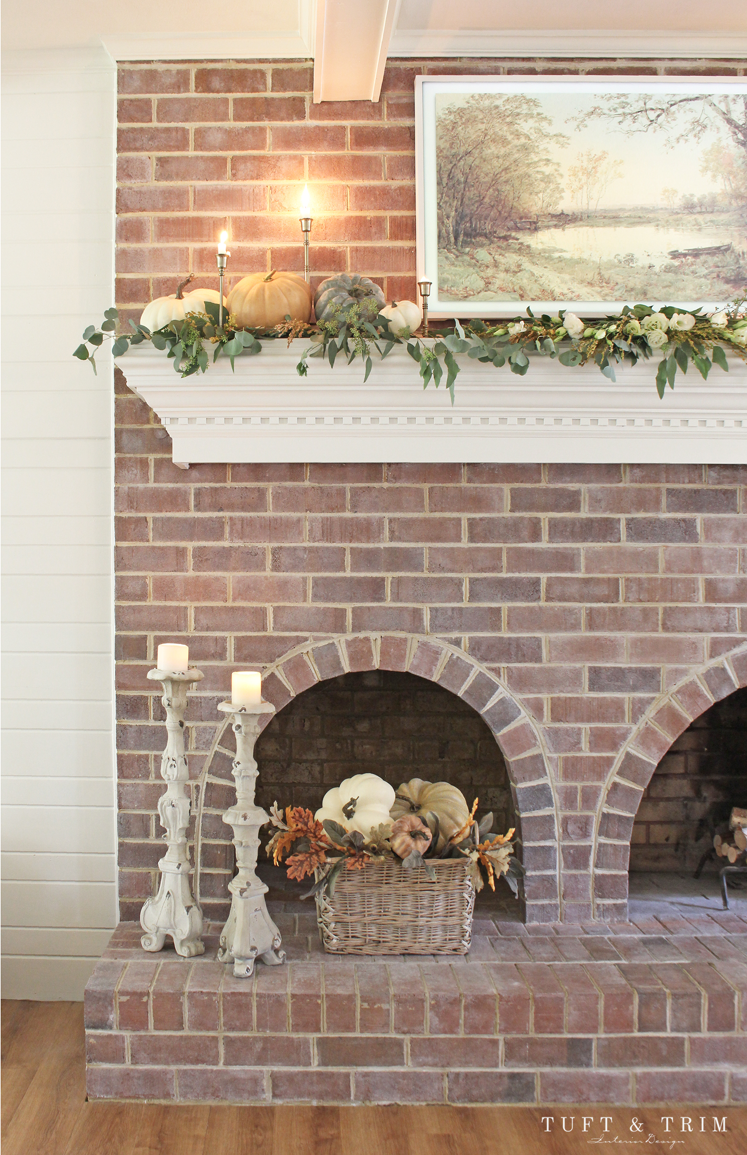 Elegant Autumn Mantel with Pumpkins & Greenery by Tuft & Trim Interior Design