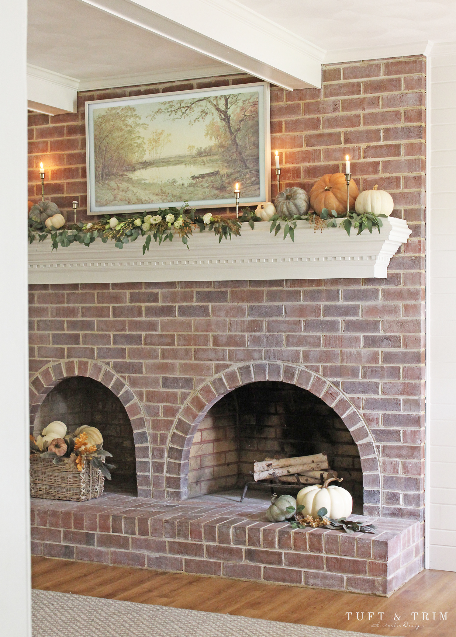 Elegant Autumn Mantel with Pumpkins & Greenery by Tuft & Trim Interior Design