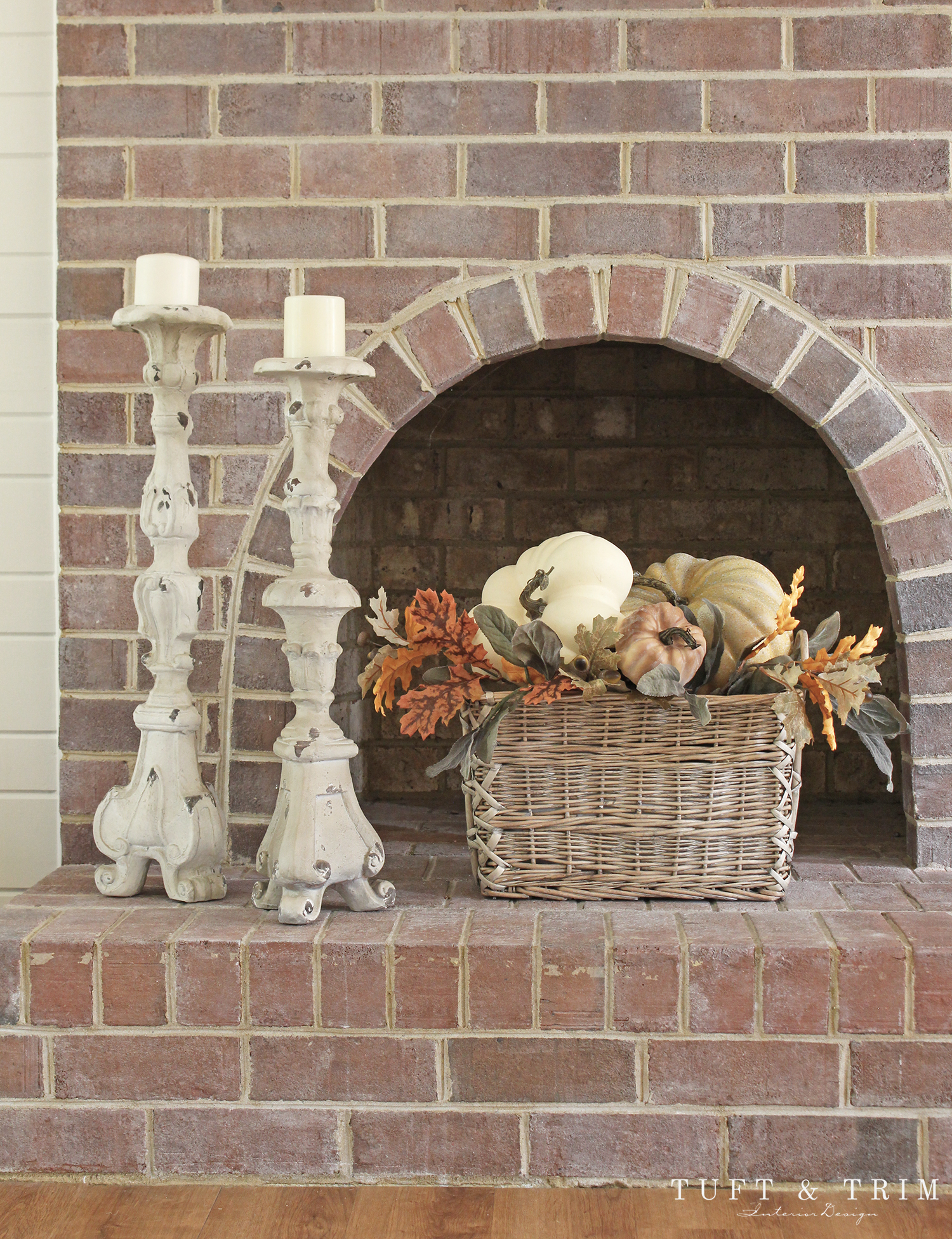 Elegant Autumn Mantel with Pumpkins & Greenery by Tuft & Trim Interior Design