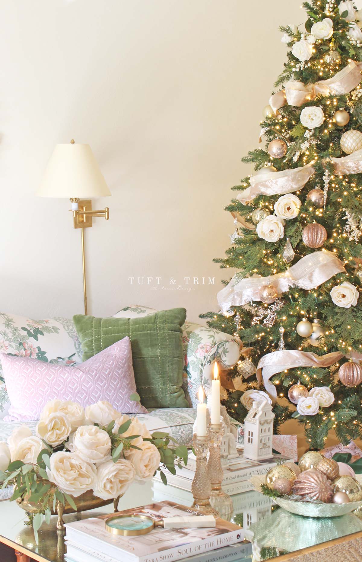 Classic Green Velvet & Blush Christmas Decor with Tuft & Trim Interior Design