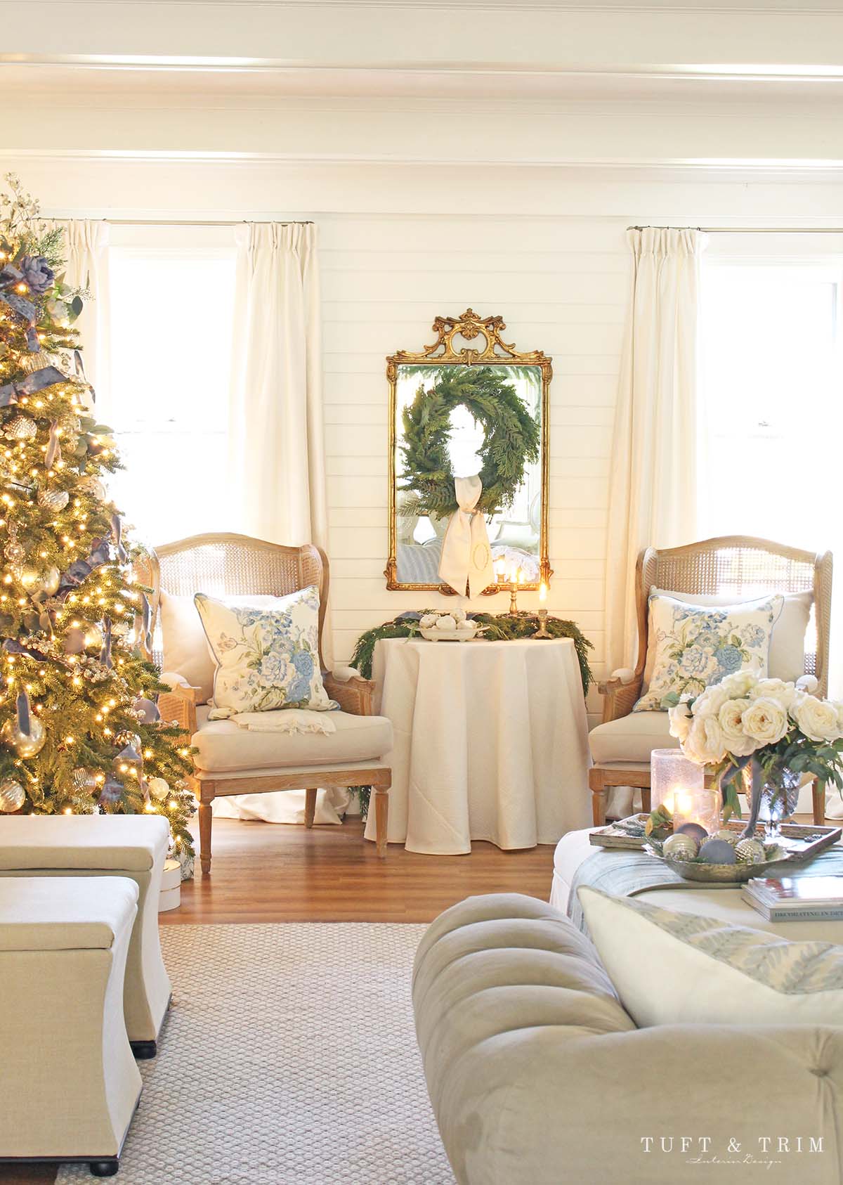 French Blue & Winter Green Christmas Living Room with Tuft & Trim Interior Design