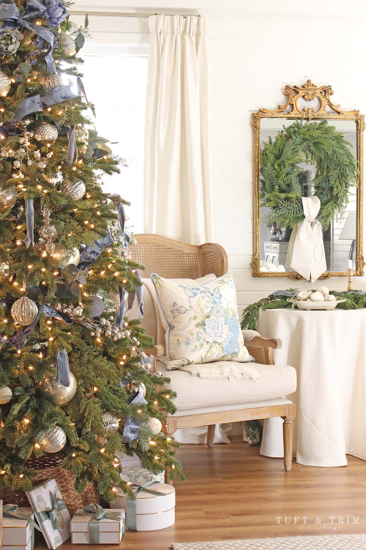 French Blue & Winter Green Christmas Living Room with Tuft & Trim Interior Design