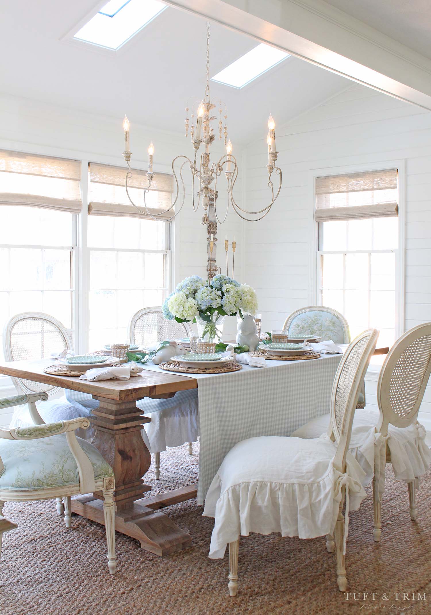 Blue & Green Spring Table Decor with Tuft & Trim Interior Design
