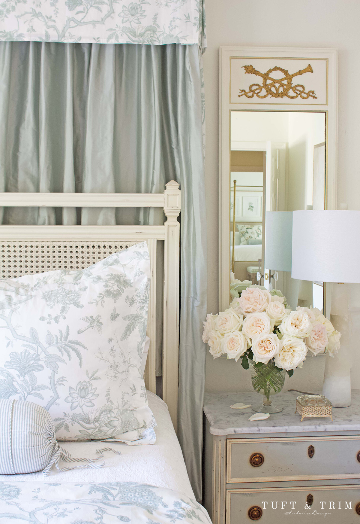 Romantic Bedroom with DIY Half Tester Canopy by Tuft & Trim Interior Design