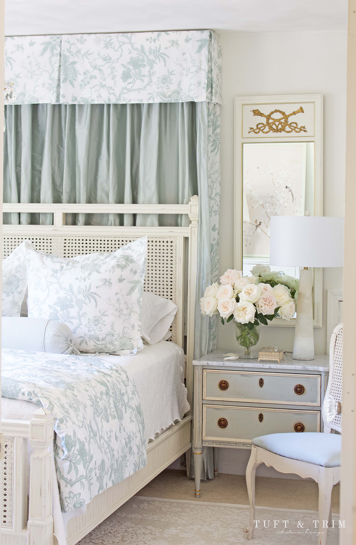 Romantic Bedroom with DIY Half Tester Canopy by Tuft & Trim Interior Design