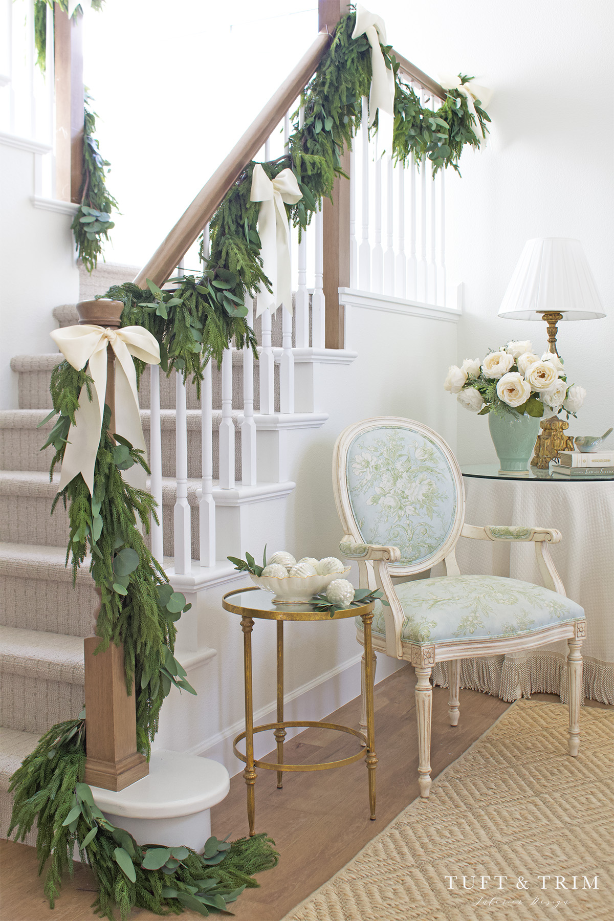 Holiday Staircase with Real Touch Faux Garland: Tuft & Trim Interiors