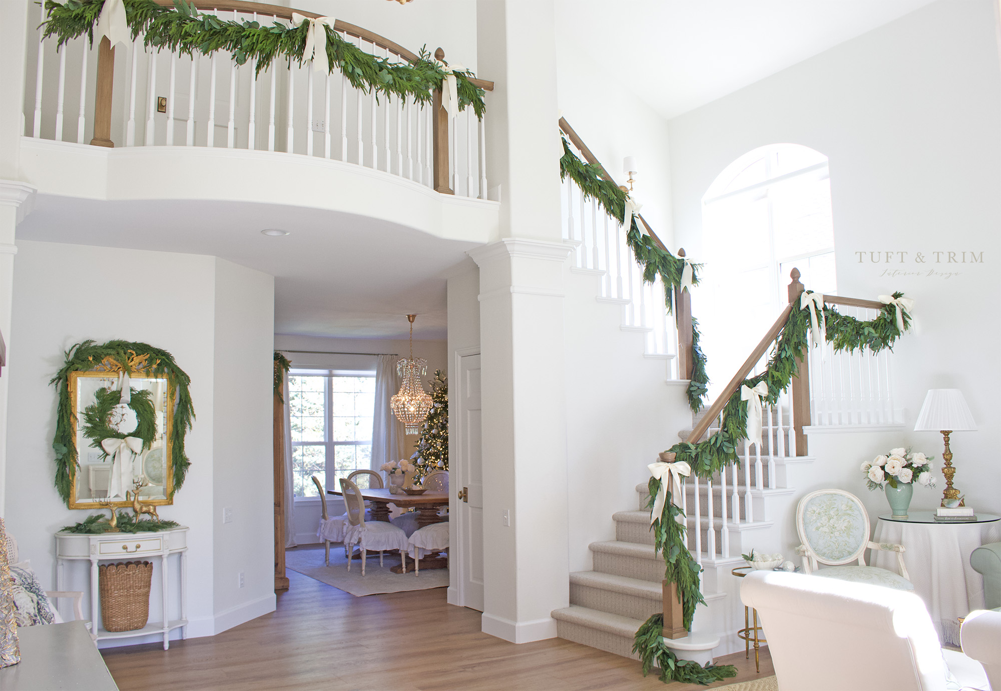 Holiday Staircase with Real Touch Faux Garland: Tuft & Trim Interiors