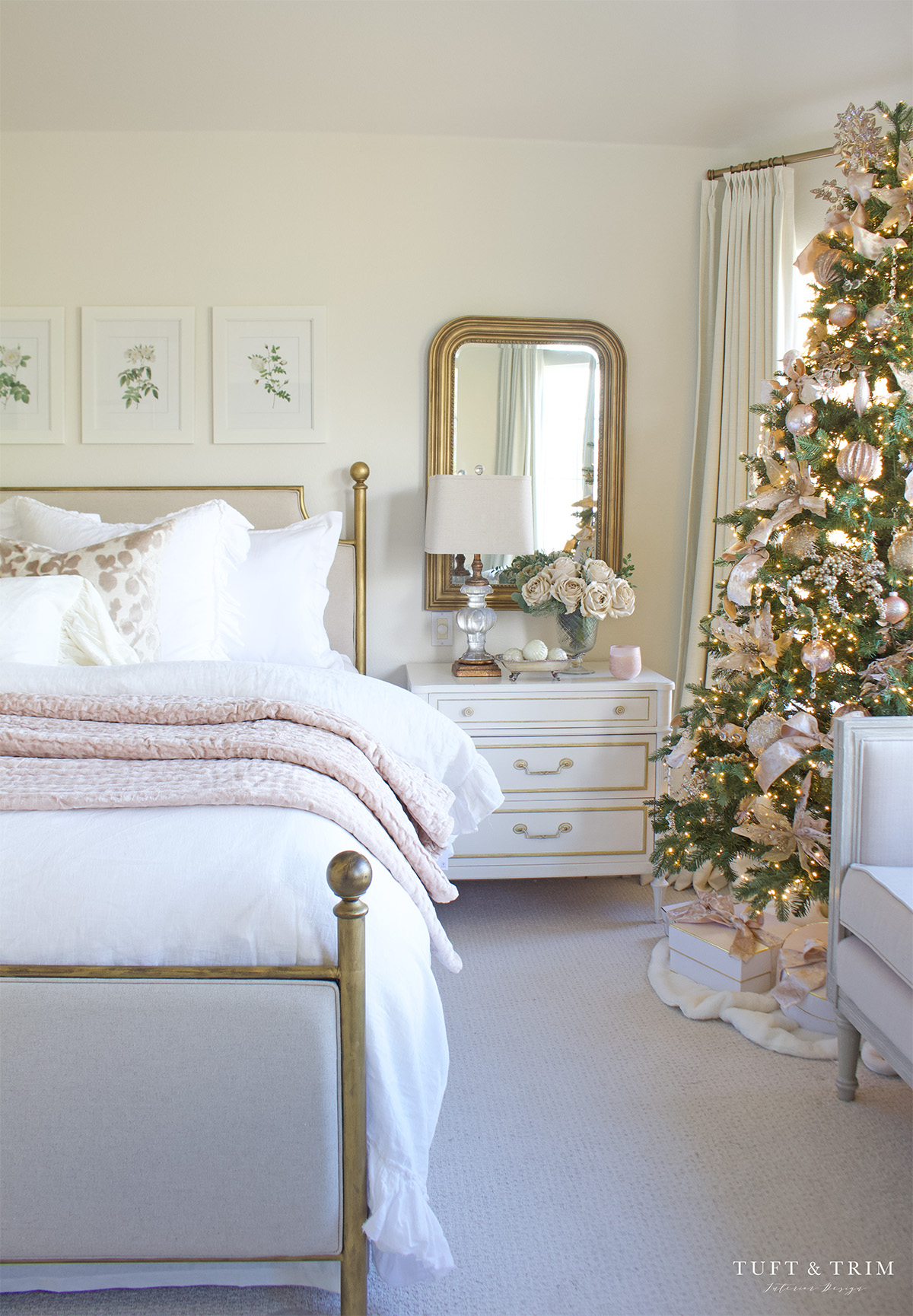 Cozy Blush Holiday Bedroom with Tuft & Trim Interiors