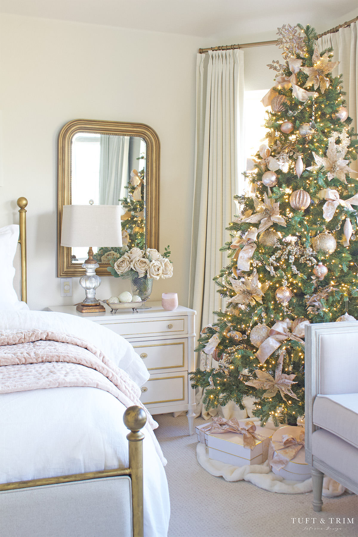 Cozy Blush Holiday Bedroom with Tuft & Trim Interiors